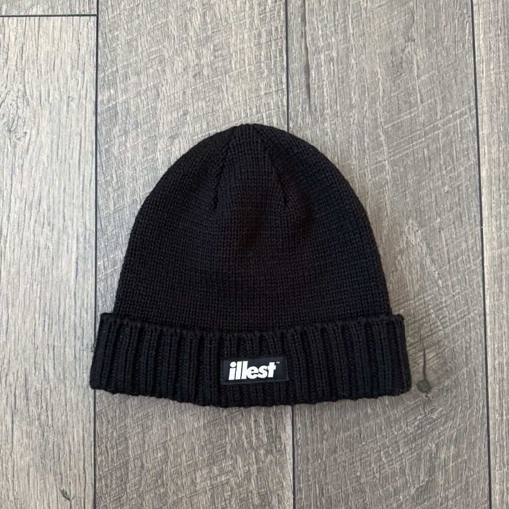 Y2K Illest Beanie Hat Black Knit Cuffed Logo Patch Streetwear Skull Cap Adult OS